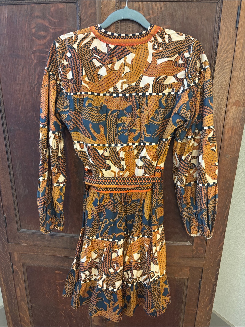 FARM Rio Patchwork Tie-Waist Long Sleeve Mini Dress in Rust, Navy & Cream - NWT - Picture 3 of 3
